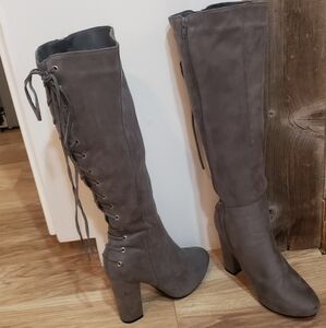 Suede Grey Knee High Boots Size 9 Lace Up Heeled Grunge Y2k Trending